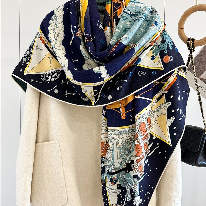Woven Scarf Blanket - ผ้าห่มขนสัตว์หรูหราสำหรับผู้หญิงผ้าพันคอผ้าคลุมไหล่ผืนใหญ่พิเศษฤดูหนาวผ้าพันคออบอุ่นเคป132x132CM พิมพ์ลายสองด้าน